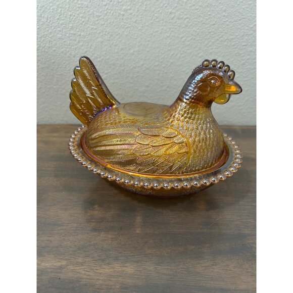 Vintage Amber Iridescent Carnival Glass Chicken or Hen on Nest Candy Dish 7" - Picture 1 of 9